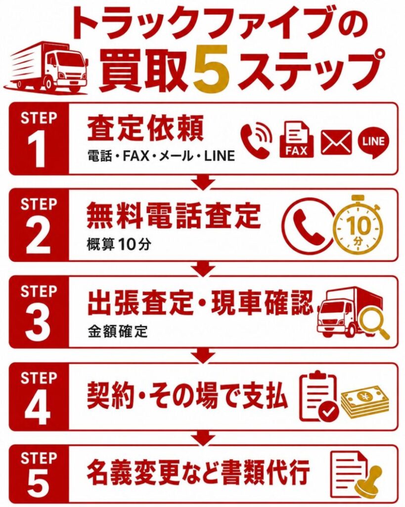 【ステップ作成】トラックファイブの買取5ステップ:査定依頼(電話・FAX・メール・LINE)→無料電話査定(概算10分)→出張査定・現車確認(金額確定)→契約・その場で支払→名義変更など書類代行