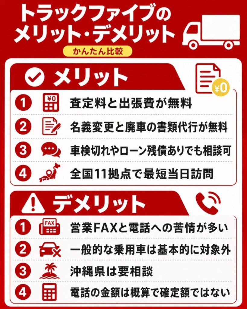 【メリデメ作成】トラックファイブ。メリット:査定料と出張費が無料 / 名義変更と廃車の書類代行が無料 / 車検切れやローン残債ありでも相談可 / 全国11拠点で最短当日訪問 // デメリット:営業FAXと電話への苦情が多い / 一般的な乗用車は基本的に対象外 / 沖縄県は要相談 / 電話の金額は概算で確定額ではない
