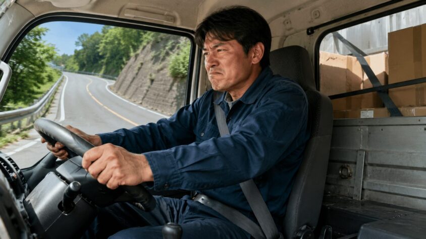 パワー不足で踏み込むと燃費が落ちる|坂道を登る積載状態のトラックの運転席で男性1人が渋い表情でアクセルを踏む