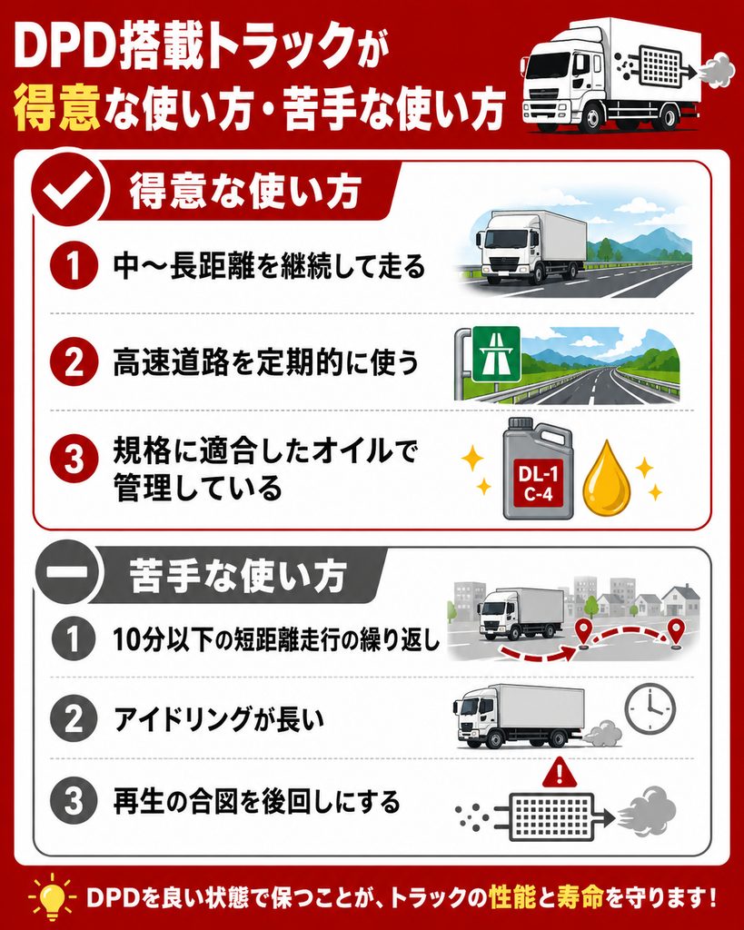 【メリデメ作成】DPD搭載トラックが得意な使い方・苦手な使い方。得意な使い方:中〜長距離を継続して走る / 高速道路を定期的に使う / 規格に適合したオイルで管理している // 苦手な使い方:10分以下の短距離走行の繰り返し / アイドリングが長い / 再生の合図を後回しにする