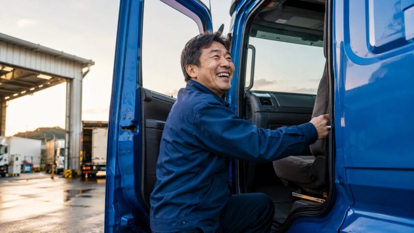 乗りやすいトルクがあるという高い評価、早朝の車庫で大型トラックの運転席のドアを開ける場面、ドライバー1人が満足そうな笑顔でシートに手をかける