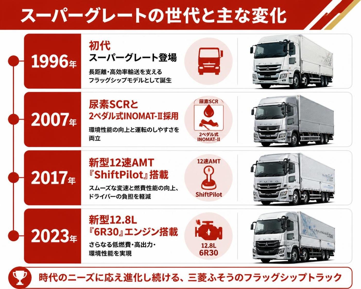 【タイムライン作成】スーパーグレートの世代と主な変化。1996年:初代スーパーグレート登場 / 2007年:尿素SCRと2ペダル式INOMAT-Ⅱ採用 / 2017年:新型12速AMT「ShiftPilot」搭載 / 2023年:新型12.8L「6R30」エンジン搭載