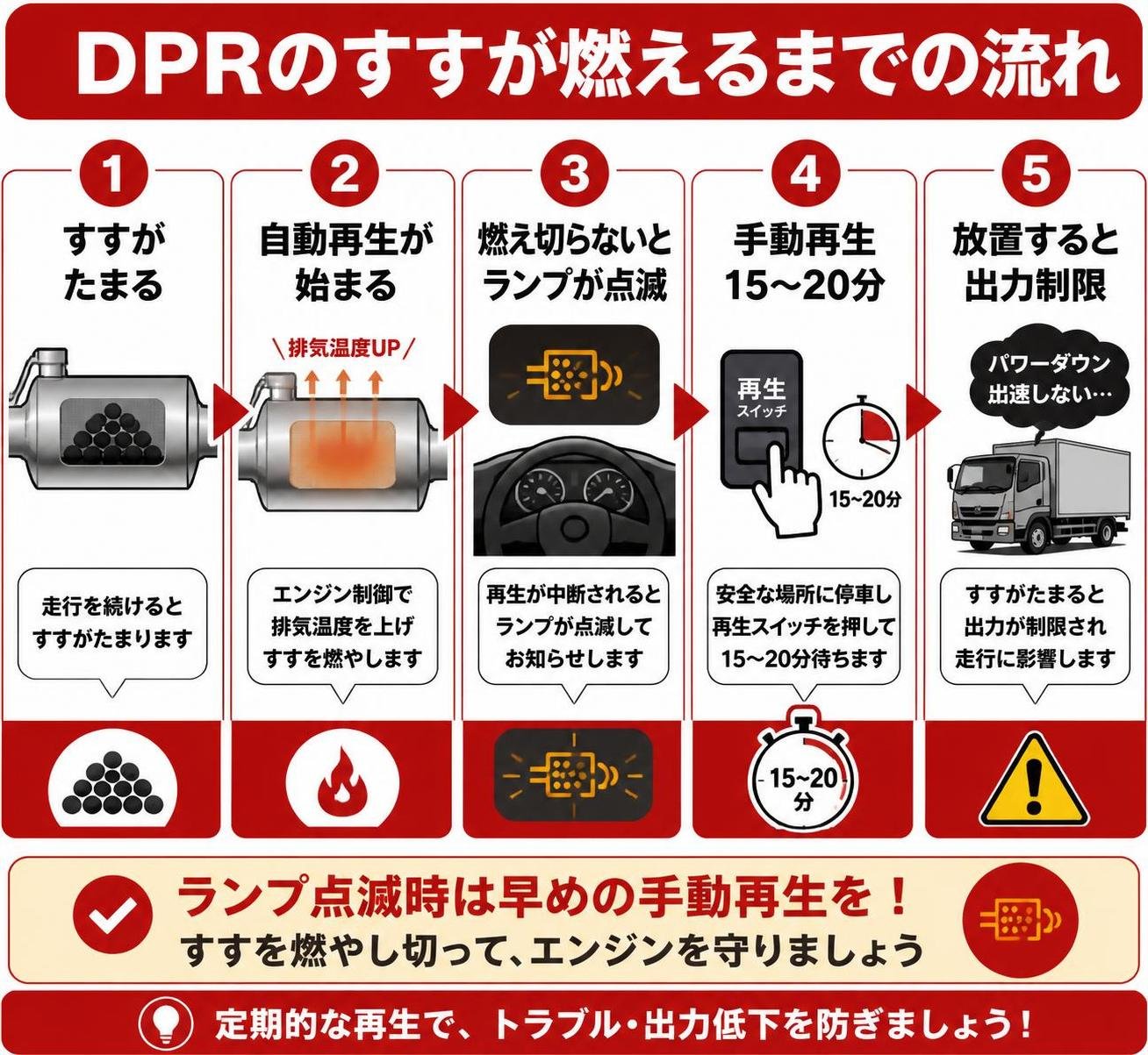 【ステップ作成】DPRのすすが燃えるまでの流れ:すすがたまる→自動再生が始まる→燃え切らないとランプが点滅→手動再生15〜20分→放置すると出力制限