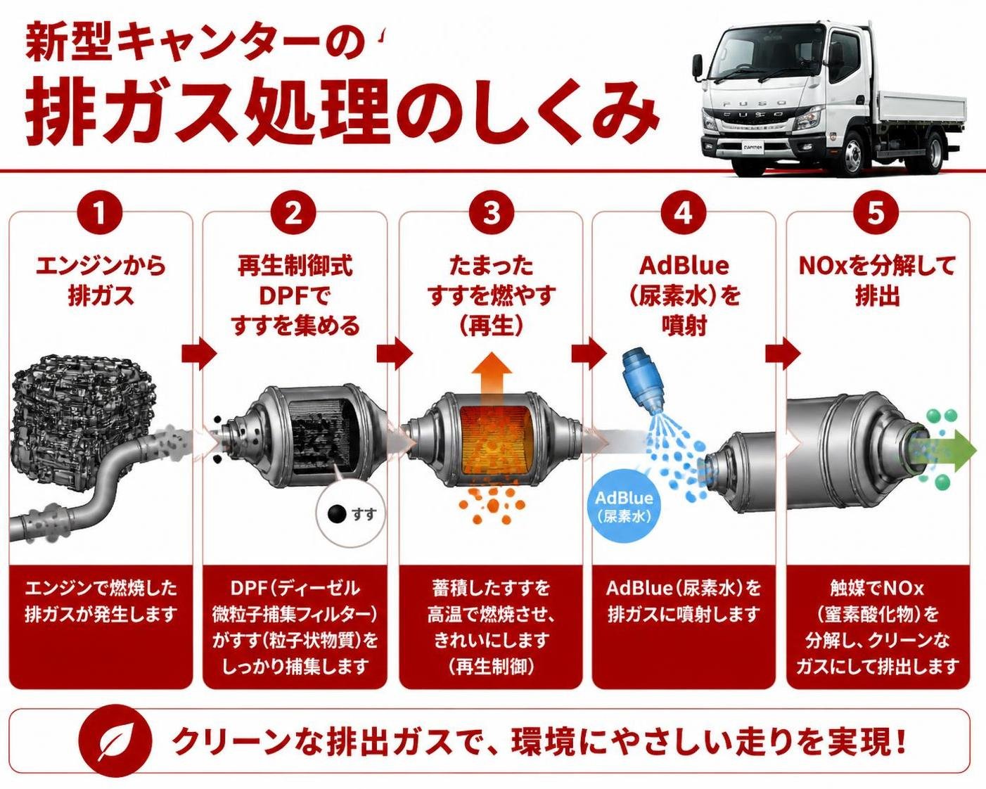 【ステップ作成】新型キャンターの排ガス処理のしくみ:エンジンから排ガス→再生制御式DPFですすを集める→たまったすすを燃やす(再生)→AdBlue(尿素水)を噴射→NOxを分解して排出