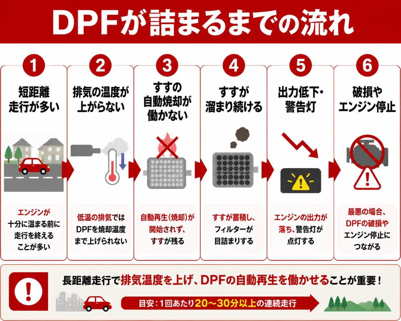 【ステップ作成】DPFが詰まるまでの流れ:短距離走行が多い→排気の温度が上がらない→すすの自動焼却が働かない→すすが溜まり続ける→出力低下・警告灯→破損やエンジン停止