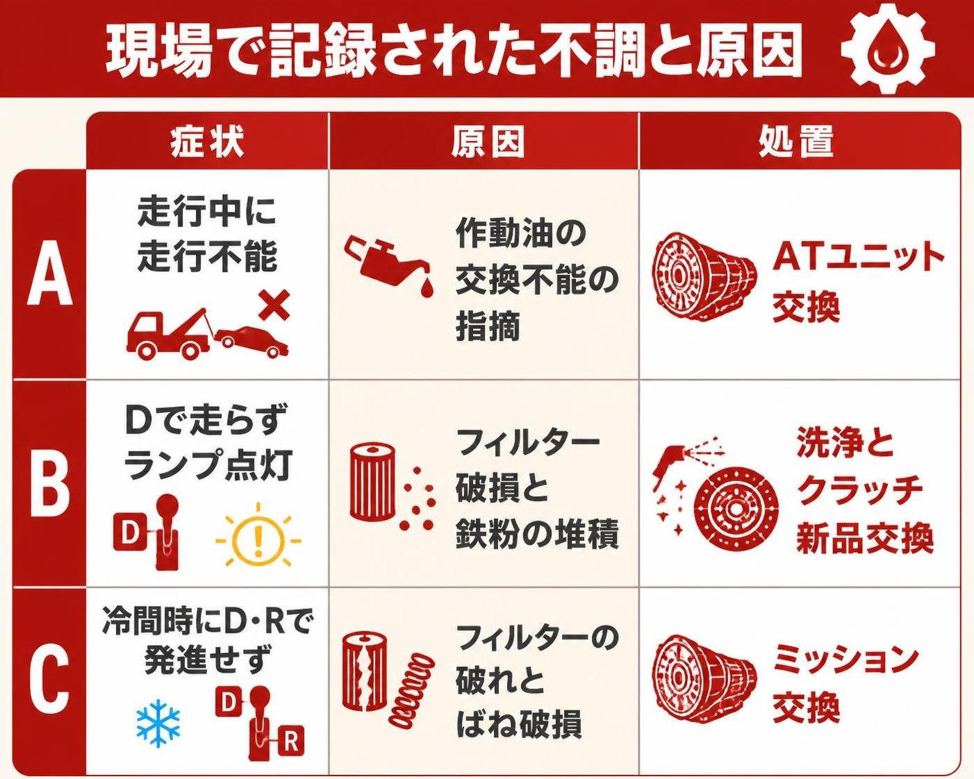【比較表作成】現場で記録された不調と原因。行A: 症状=走行中に走行不能, 原因=作動油の交換不足の指摘, 処置=ATユニット交換 / 行B: 症状=Dで走らずランプ点灯, 原因=フィルター破損と鉄粉の堆積, 処置=洗浄とクラッチ新品交換 / 行C: 症状=冷間時にD・Rで発進せず, 原因=フィルターの破れとばね破損, 処置=ミッション交換