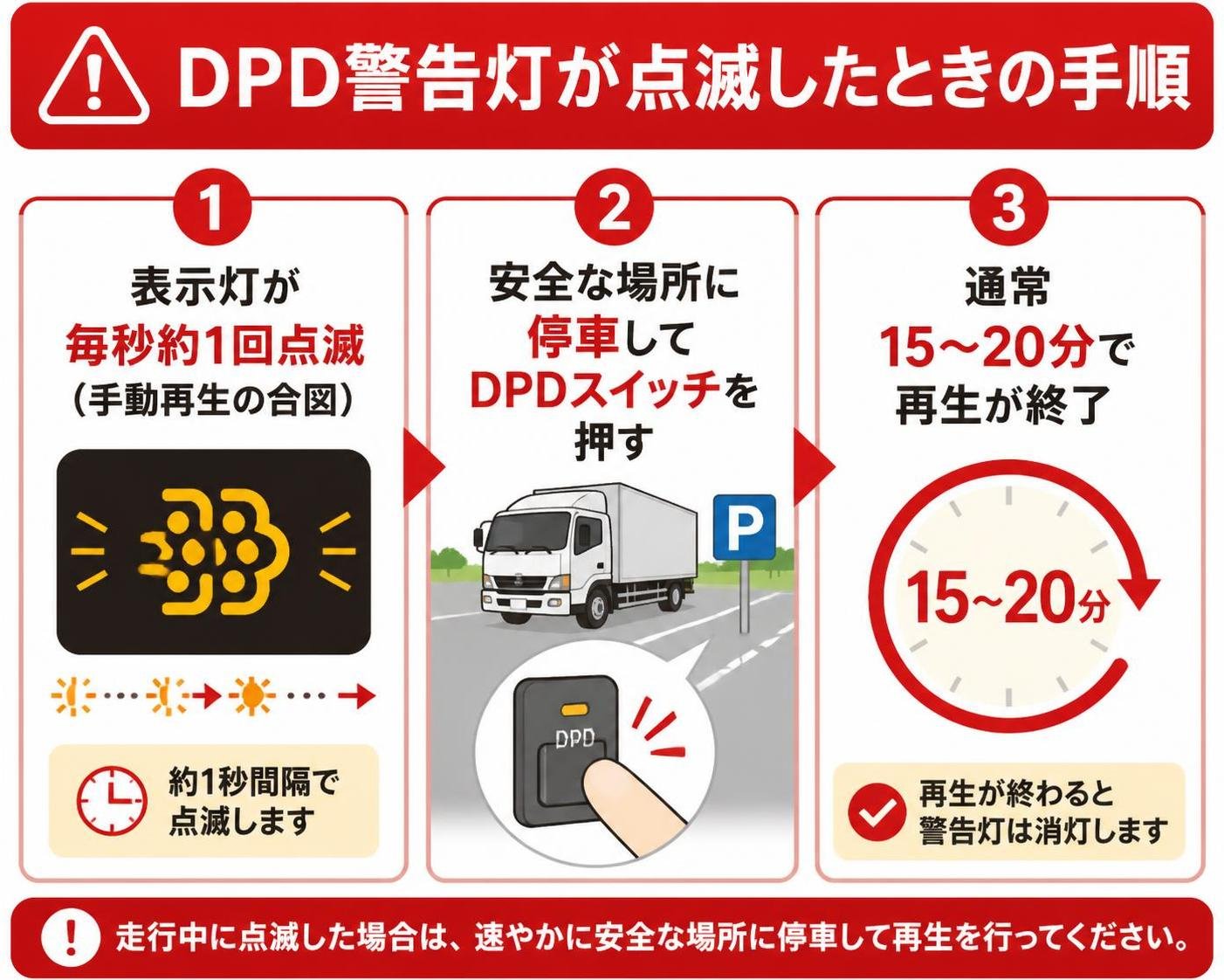 【ステップ作成】DPD警告灯が点滅したときの手順:表示灯が毎秒約1回点滅（手動再生の合図）→安全な場所に停車してDPDスイッチを押す→通常15〜20分で再生が終了