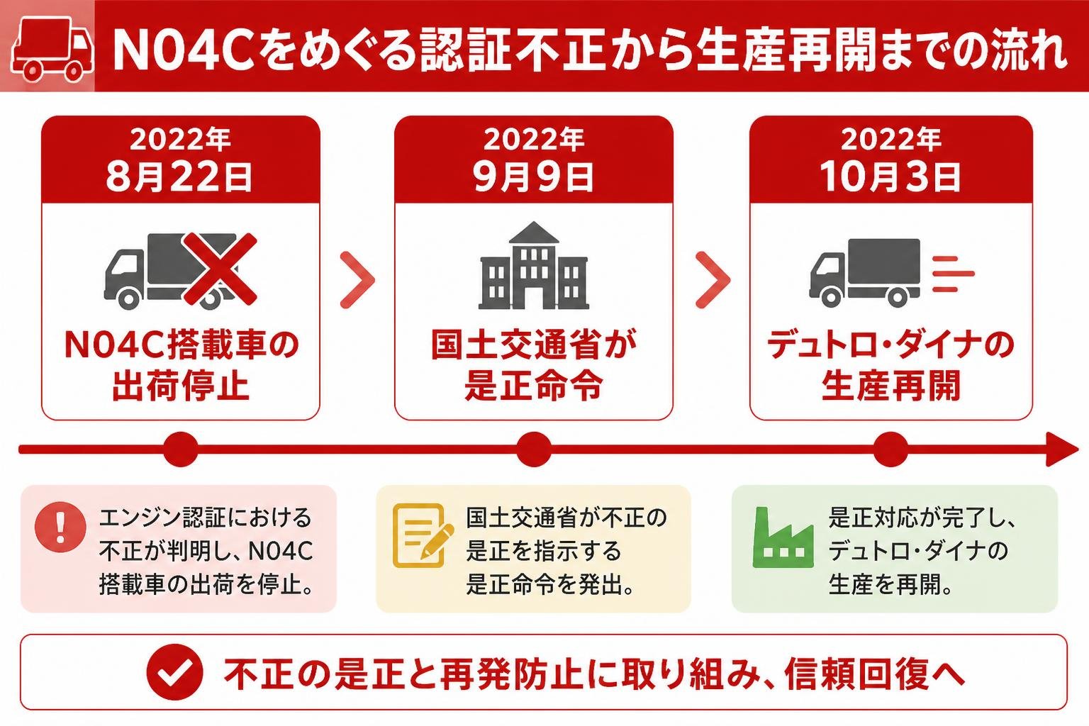 【タイムライン作成】N04Cをめぐる認証不正から生産再開までの流れ。2022年8月22日:N04C搭載車の出荷停止 / 2022年9月9日:国土交通省が是正命令 / 2022年10月3日:デュトロ・ダイナの生産再開