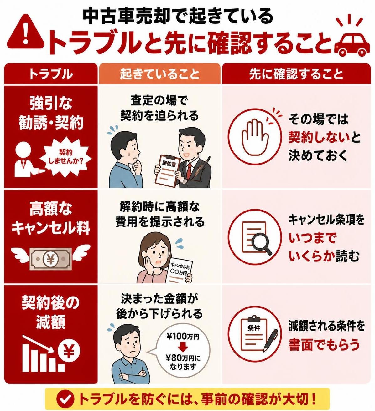 【比較表作成】中古車売却で起きているトラブルと先に確認すること。強引な勧誘・契約: 起きていること=査定の場で契約を迫られる, 先に確認すること=その場では契約しないと決めておく / 高額なキャンセル料: 起きていること=解約時に高額な費用を提示される, 先に確認すること=キャンセル条項をいつまでいくらか読む / 契約後の減額: 起きていること=決まった金額が後から下げられる, 先に確認すること=減額される条件を書面でもらう