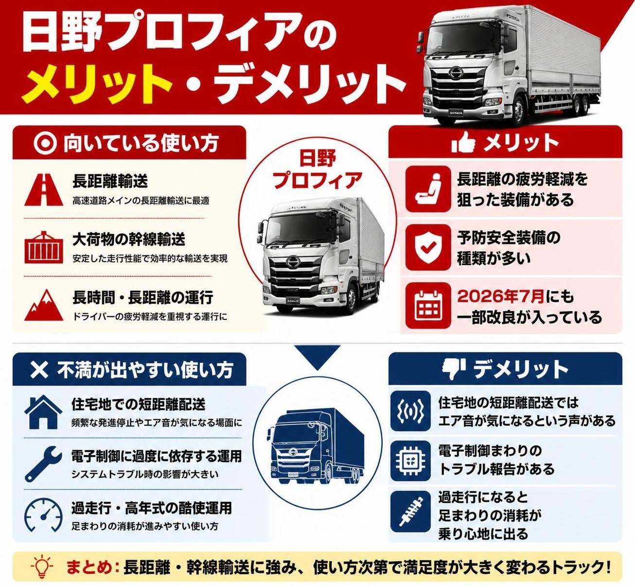 【メリデメ作成】日野プロフィアが向いている使い方・不満が出やすい使い方。メリット:長距離の疲労軽減を狙った装備がある / 予防安全装備の種類が多い / 2026年7月にも一部改良が入っている // デメリット:住宅地の短距離配送ではエア音が気になるという声がある / 電子制御まわりのトラブル報告がある / 過走行になると足まわりの消耗が乗り心地に出る