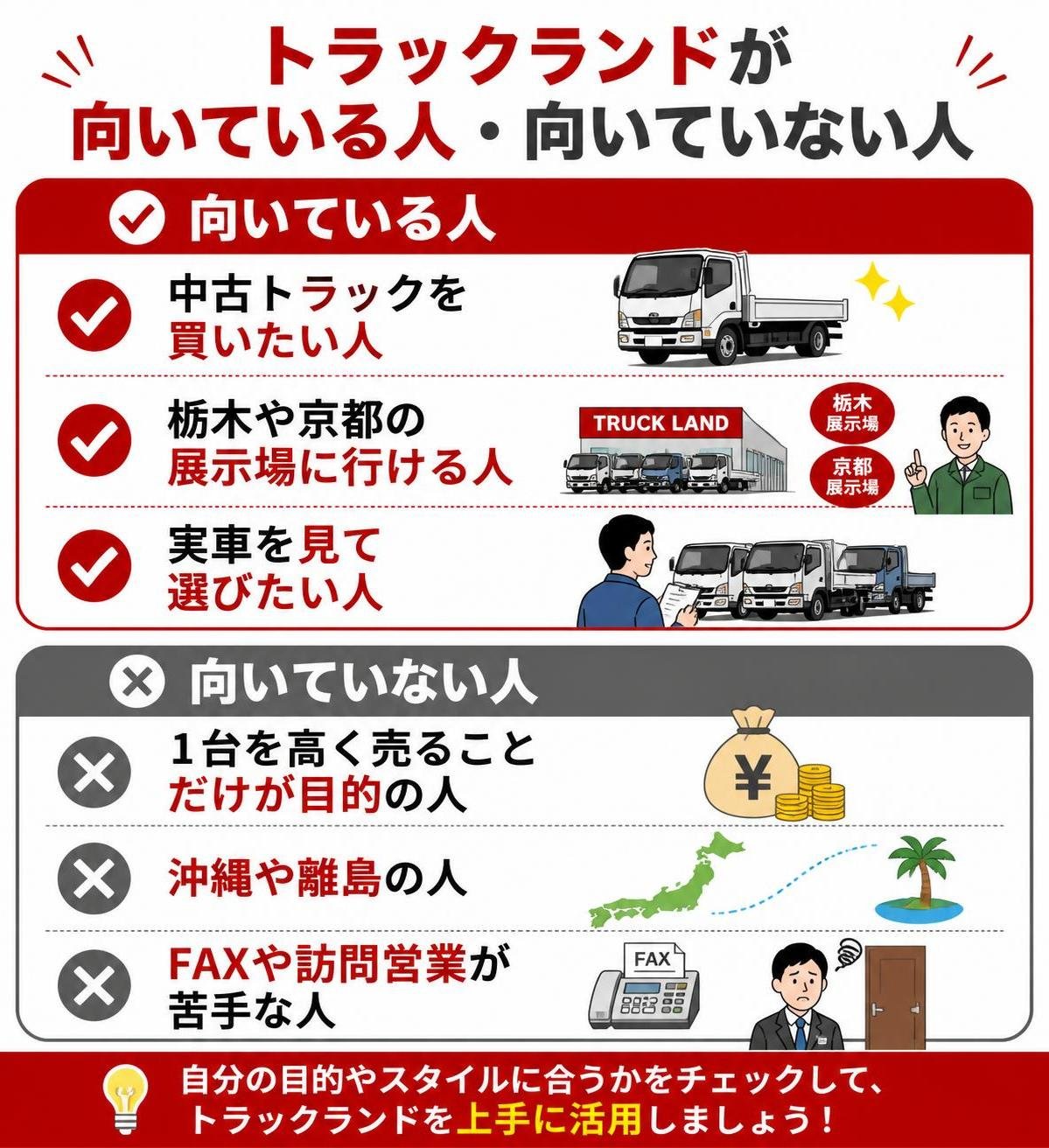 【メリデメ作成】トラックランドが向いている人・向いていない人。メリット:中古トラックを買いたい人 / 栃木や京都の展示場に行ける人 / 実車を見て選びたい人 // デメリット:1台を高く売ることだけが目的の人 / 沖縄や離島の人 / FAXや訪問営業が苦手な人