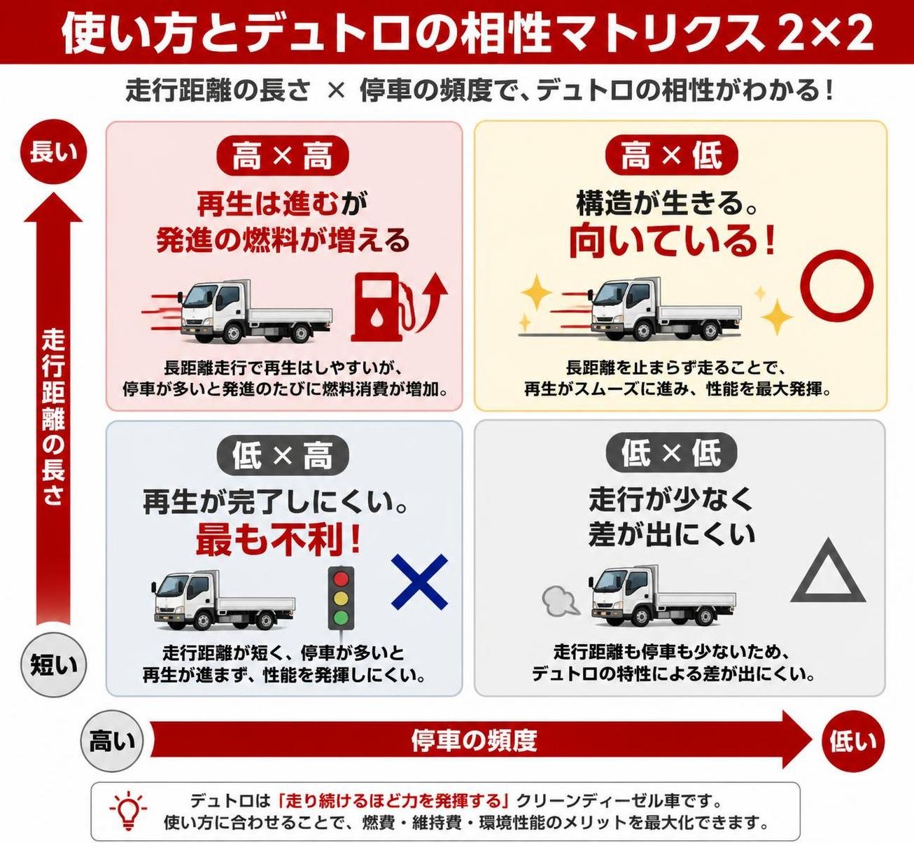 【マトリクス2×2作成】使い方とデュトロの相性。軸=走行距離の長さ×停車の頻度。象限=高高:再生は進むが発進の燃料が増える / 高低:構造が生きる。向いている / 低高:再生が完了しにくい。最も不利 / 低低:走行が少なく差が出にくい