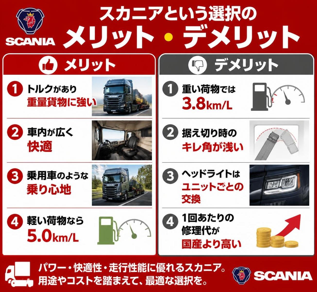 【メリデメ作成】スカニアという選択のメリット・デメリット。メリット:トルクがあり重量貨物に強い / 車内が広く快適 / 乗用車のような乗り心地 / 軽い荷物なら5.0km/L // デメリット:重い荷物では3.8km/L / 据え切り時のキレ角が浅い / ヘッドライトはユニットごとの交換 / 1回あたりの修理代が国産より高い
