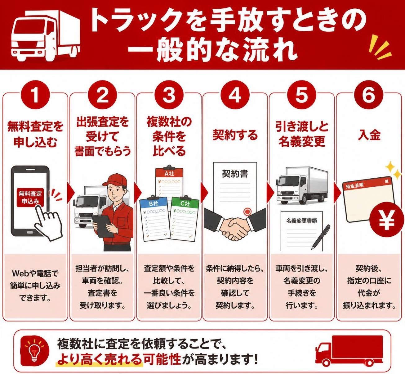 【ステップ作成】トラックを手放すときの一般的な流れ:無料査定を申し込む→出張査定を受けて書面でもらう→複数社の条件を比べる→契約する→引き渡しと名義変更→入金