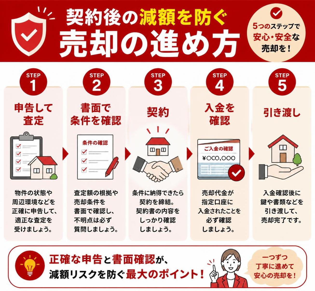 【ステップ作成】契約後の減額を防ぐ売却の進め方:申告して査定→書面で条件を確認→契約→入金を確認して引き渡し