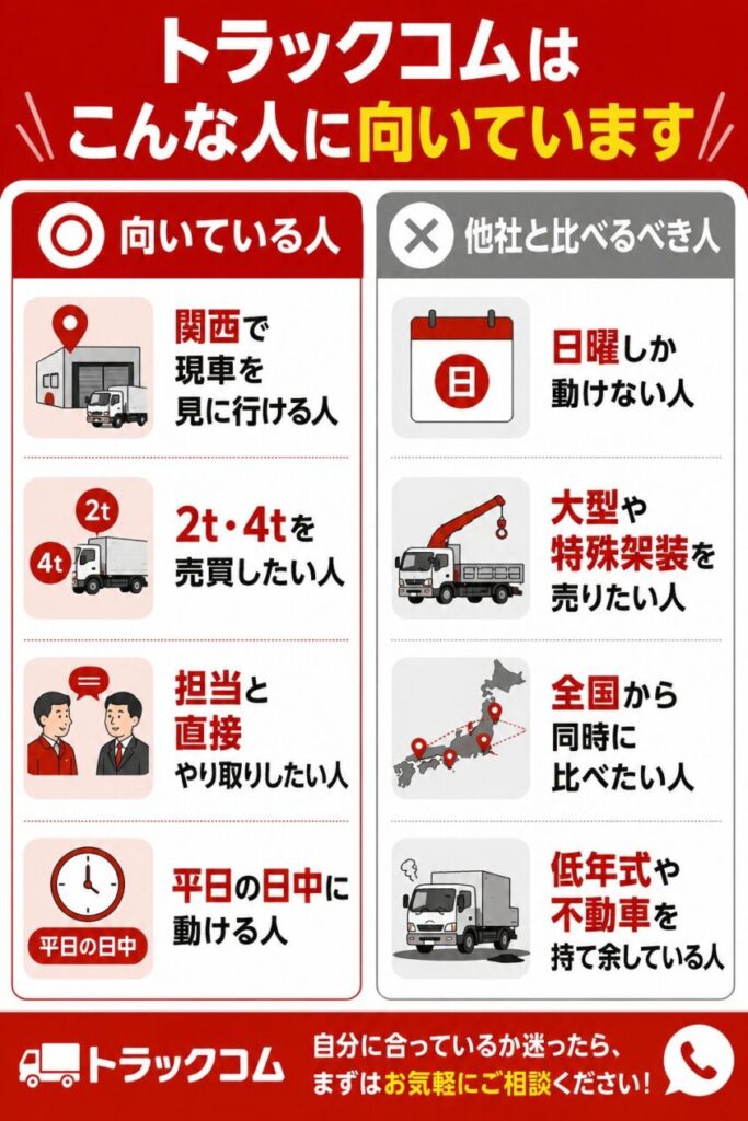 【メリデメ作成】トラックコムが向いている人・向いていない人。向いている人:関西で現車を見に行ける人 / 2t・4tを売買したい人 / 担当と直接やり取りしたい人 / 平日の日中に動ける人 // 向いていない人:日曜しか動けない人 / 大型や特殊架装を売りたい人 / 全国から同時に比べたい人 / 低年式や不動車を持て余している人