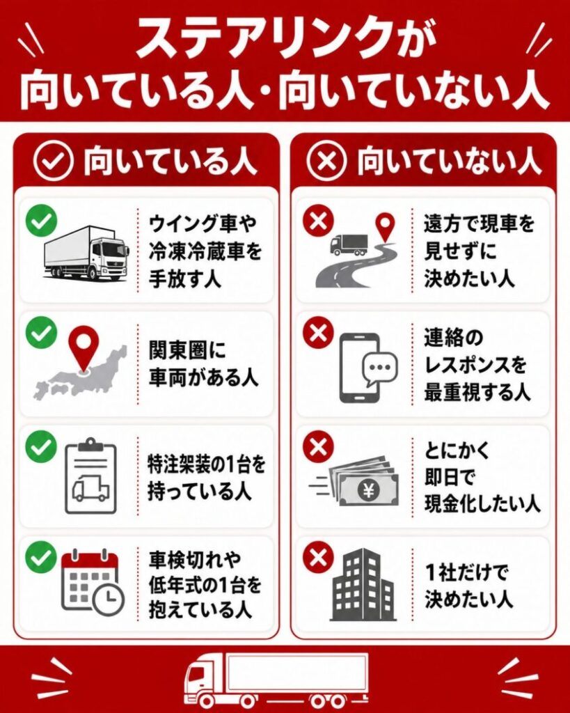 【メリデメ作成】ステアリンクが向いている人・向いていない人。向いている人:ウイング車や冷凍冷蔵車を手放す人 / 関東圏に車両がある人 / 特注架装の1台を持っている人 / 車検切れや低年式の1台を抱えている人 // 向いていない人:遠方で現車を見せずに決めたい人 / 連絡のレスポンスを最重視する人 / とにかく即日で現金化したい人 / 1社だけで決めたい人