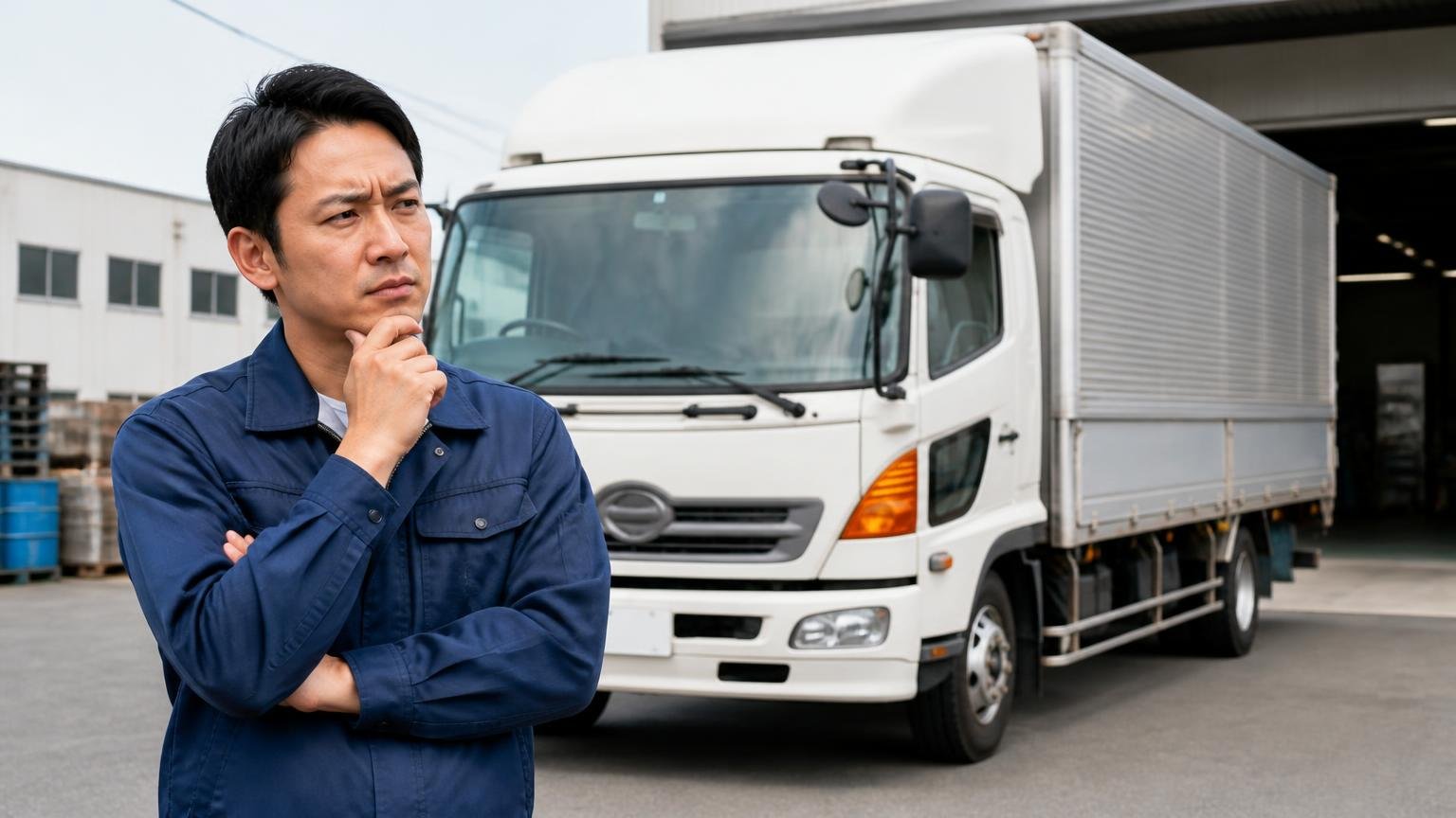 評判が割れる理由は「入札を待つ」仕組みにある|営業所の車庫に停まった4tトラックの前で腕を組み考え込む男性1人