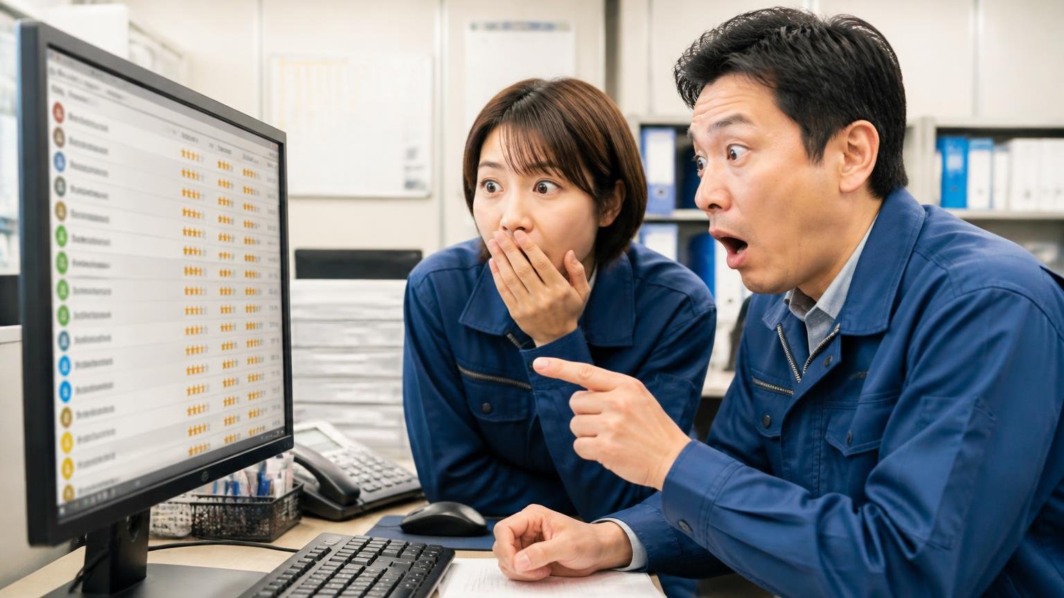 拠点別のGoogle評価を全部並べた一覧|事務所のパソコンで店舗ごとの口コミ一覧を見比べて驚く運送会社の男女2人