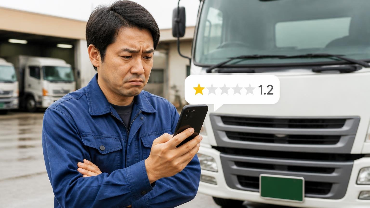 Googleマップの評価1.2を確認する場面。営業所の車庫でトラックの前に立つ男性1人がスマホの星評価を見て眉をひそめる