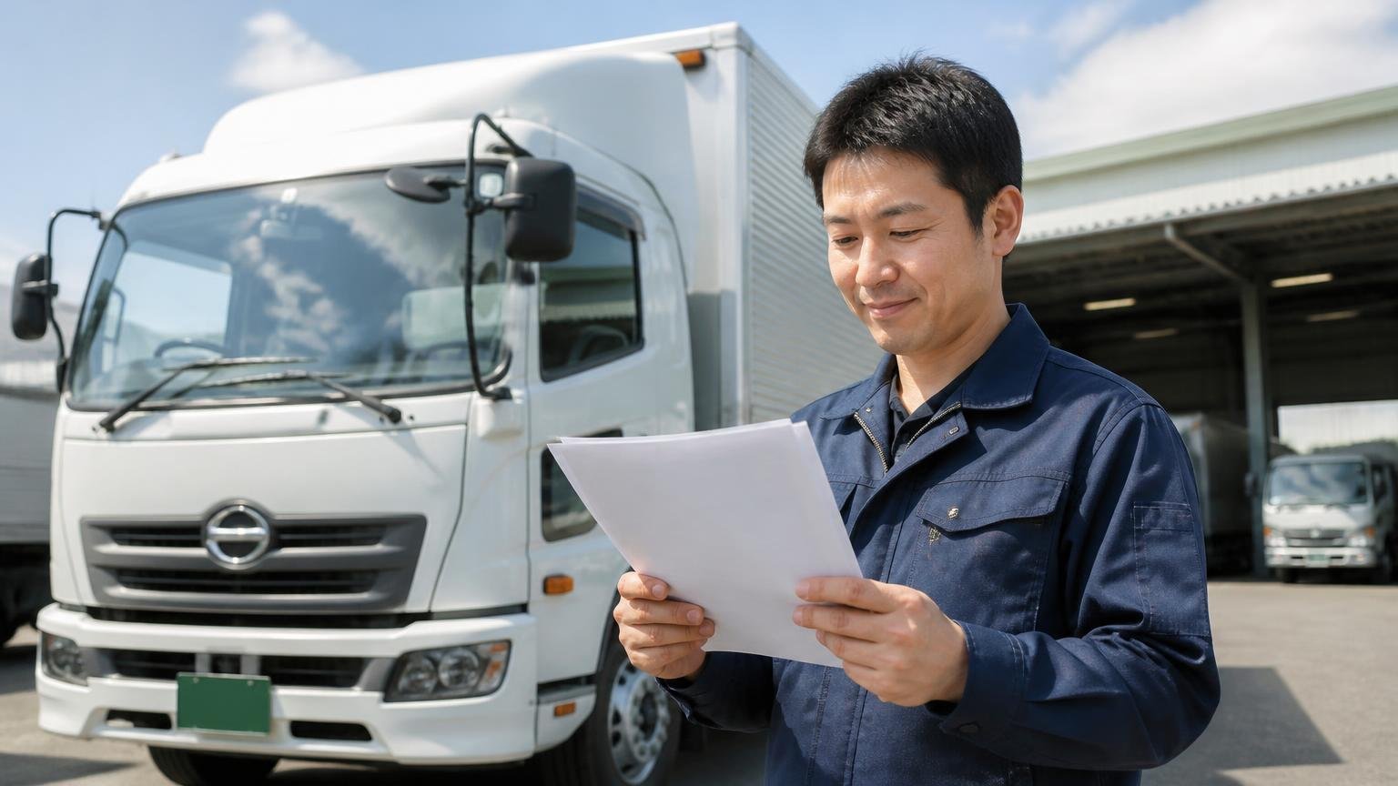 そもそも「ステアリンク」とはどんな会社なのか。営業所の車庫に停まった4tトラックの前で、書類を手に会社概要を確認する男性1人が納得の表情