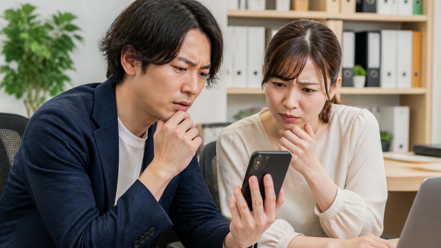 Googleマップの評価は★4.7、ただし口コミは13件だけ。事務所でスマホの地図アプリの店舗評価を見せ合う男女2人が、件数の少なさに眉を寄せている