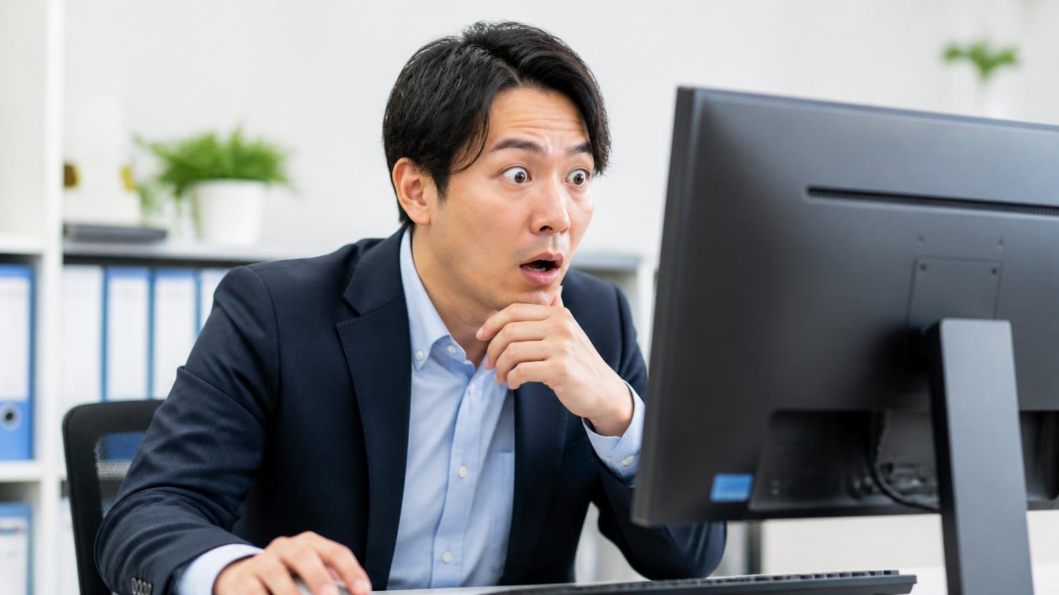 総合評価4.7と星の内訳を確認する。事務所のパソコンで口コミ評価画面を見る男性1人が目を見開く