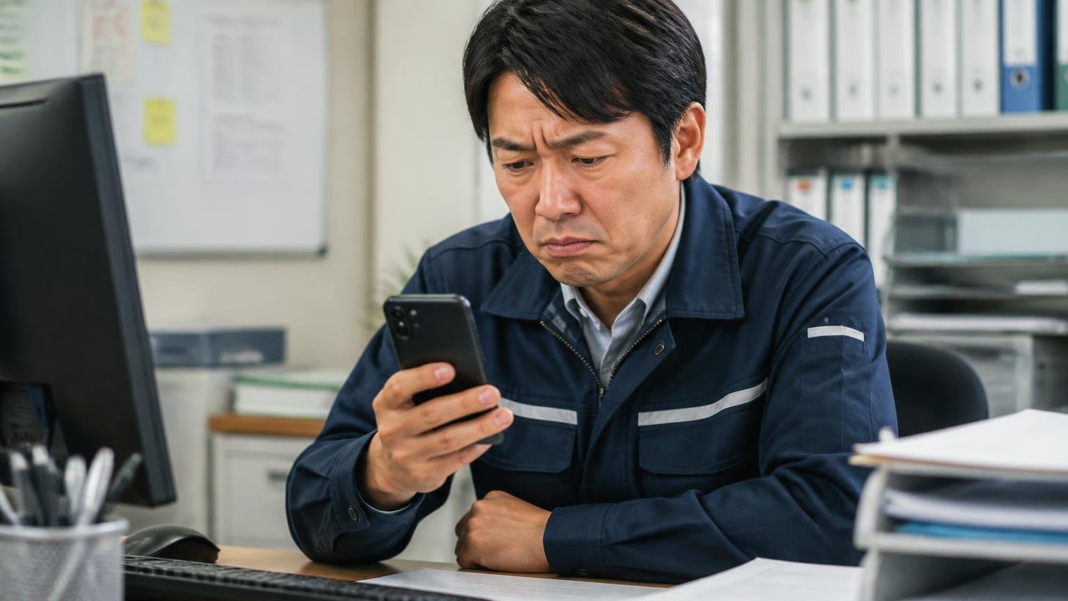 Googleマップ6支店の平均は1.3、事務所の机でスマホの低評価画面を見つめる運送会社の男性1人が眉をひそめる