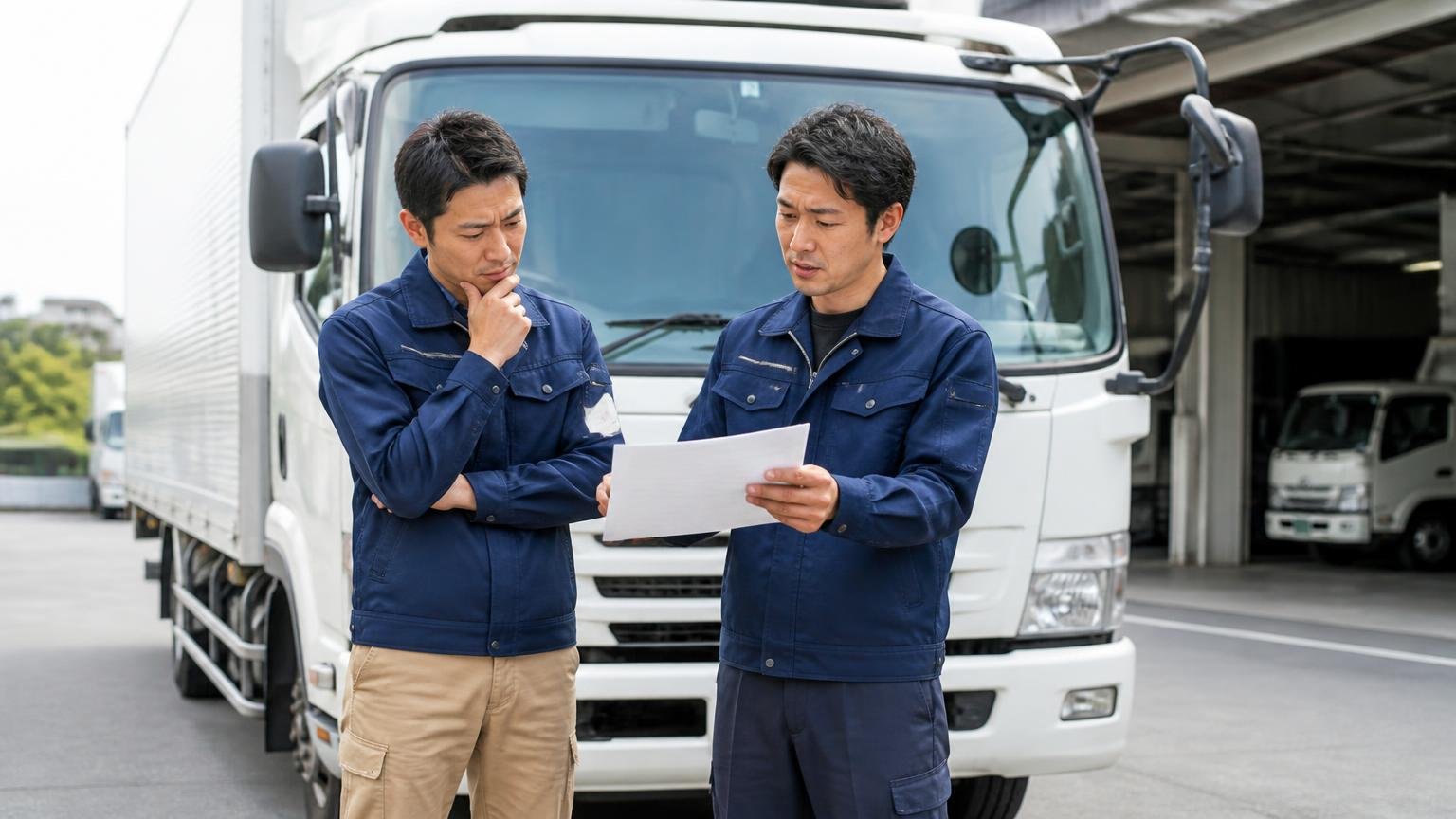 先に結論｜東洋車輌が向いている人と向いていない人 営業所の車庫に停まった4tトラックの前 男性2人が書類を見せ合い考え込む表情