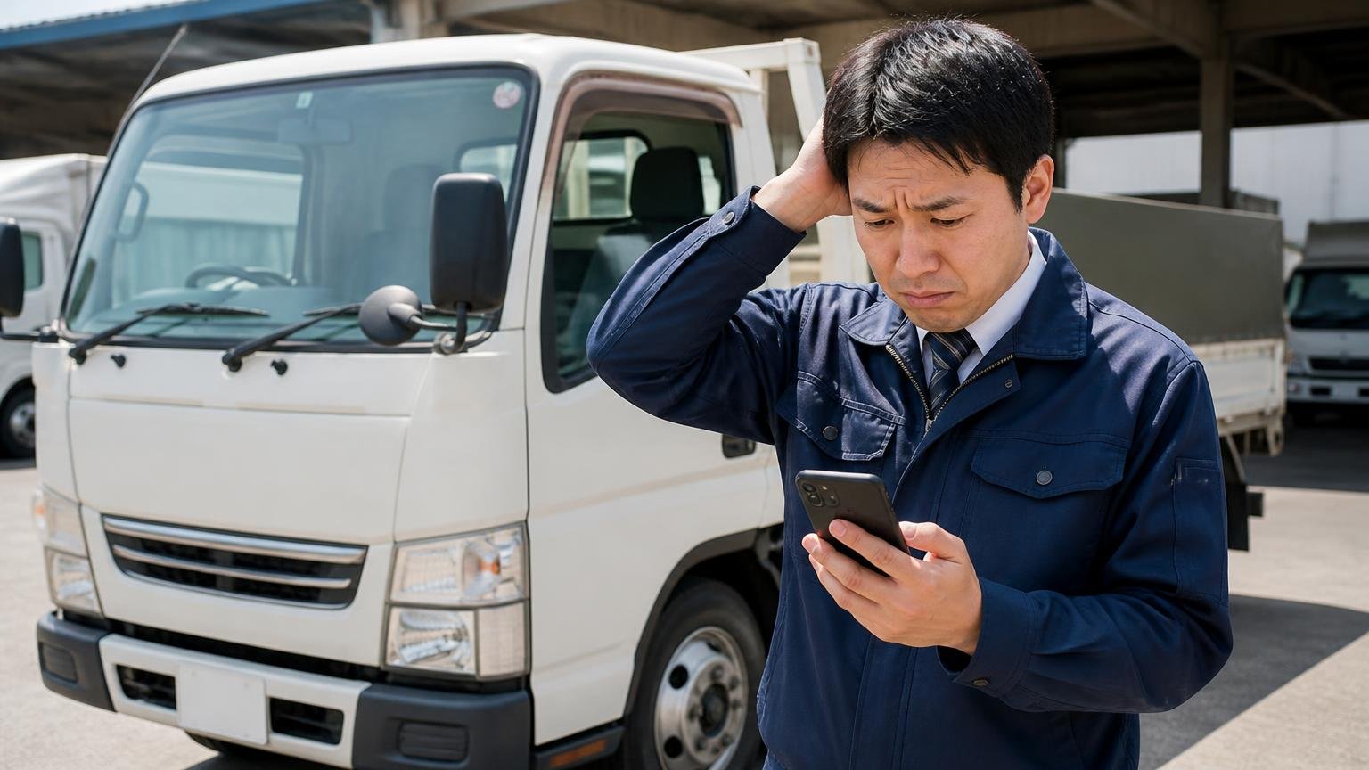 「どっちが優れているか」を調べても永遠に決まらない理由。営業所の車庫に停まった2tトラックの前で1人がスマホを見て困り顔
