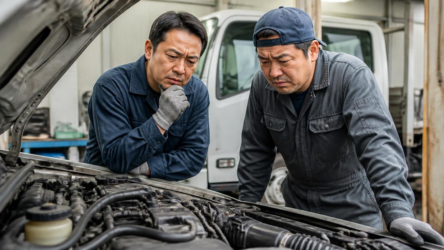 原因①吸気側のセンサーのパイプが詰まる|車庫で2tデュトロのエンジンルームを覗く整備士2人が渋い顔
