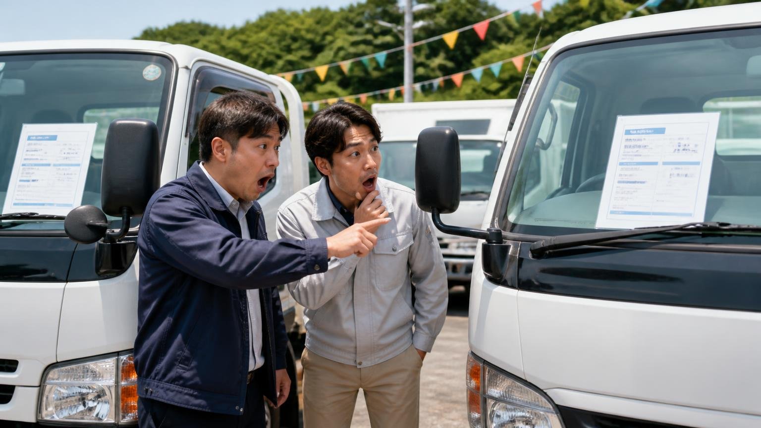 平均価格で比べるとキャンターはエルフより高い 中古トラック販売店の展示場で2台の小型トラックを見比べる 男性2人 価格表を指さして驚く