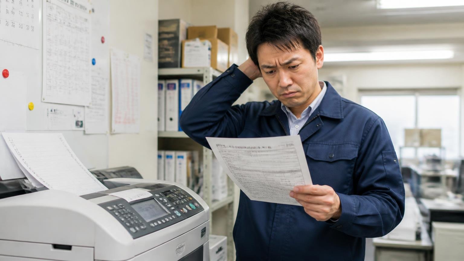 「しつこい」と感じているのはあなただけじゃない。運送会社の事務所の複合機前で男性1人が届いたFAXを手に眉をひそめる