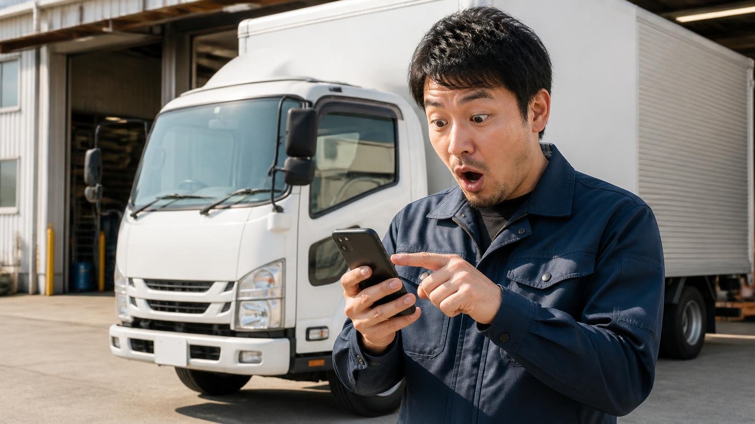 Googleマップ6拠点の評価 営業所の車庫に停まった4tトラックの前で男性1人がスマホを見て目を見開く