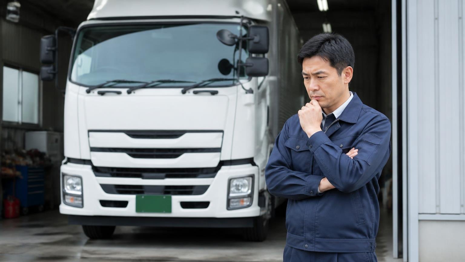 不満の声は本物だが車全体の否定ではない。車庫に停まった大型トラックの前で腕を組み考え込む男性1人