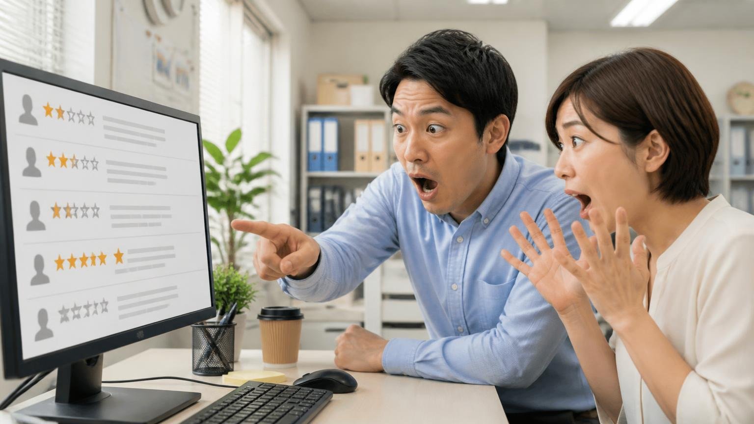 評価2点の口コミがデュオニックだけは褒めていた|事務所でパソコンの口コミ画面を指さす男女2人が驚く