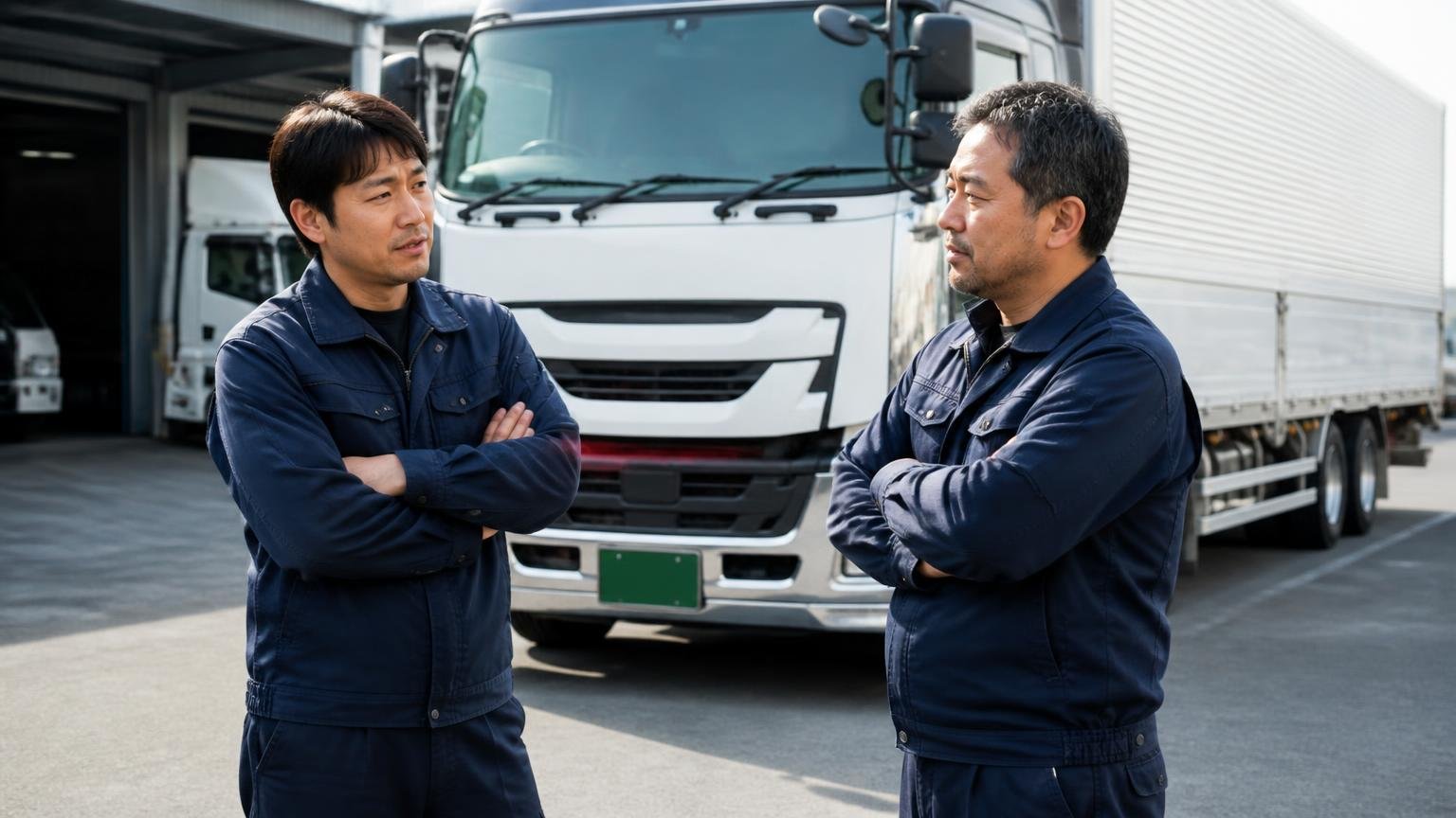 現場の人が使う「可もなく不可もない優等生」という言葉 営業所の車庫に停まった大型トラックの前で、ドライバー2人が腕を組んで話し込む