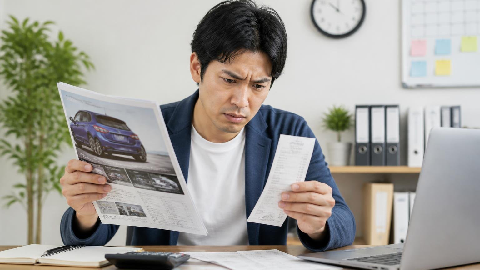 カタログ燃費と実燃費が合わない理由|事務所でカタログと給油レシートを見比べる男性1人が眉をひそめる