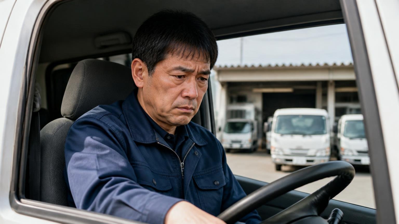 悪い評判は変速のひと呼吸に集中。営業所の車庫に停めた2tトラックの運転席で40代男性が眉をひそめる