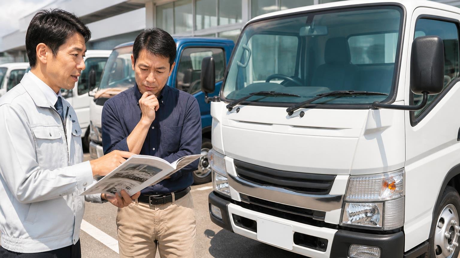 そもそも新型キャンターとはどのモデルか 販売店の展示場に並ぶ小型トラックの前で男性2人がカタログを指さして話す