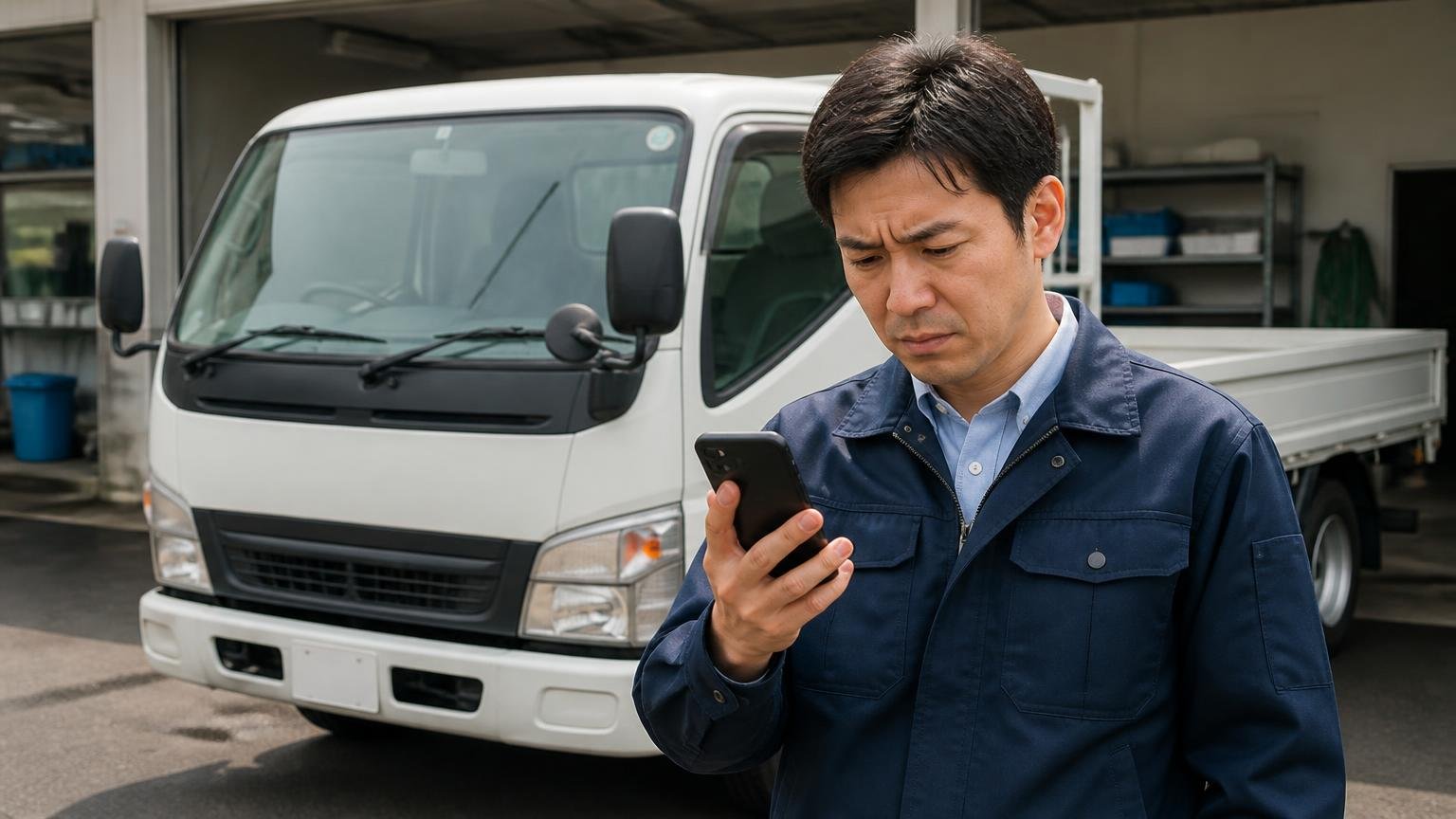 同じ投稿に評価と不満が並ぶ 営業所の車庫に停まったエルフの前で 男性1人がスマホの口コミ画面を見て眉をひそめる