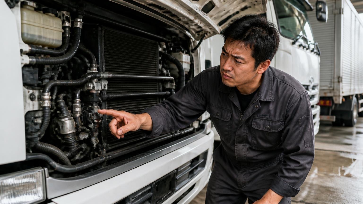 壊れる箇所が毎回バラバラな理由を説明する、営業所の車庫に停まった大型トラックのボンネット前、整備士風の男性1人が部品を指差して眉をひそめる