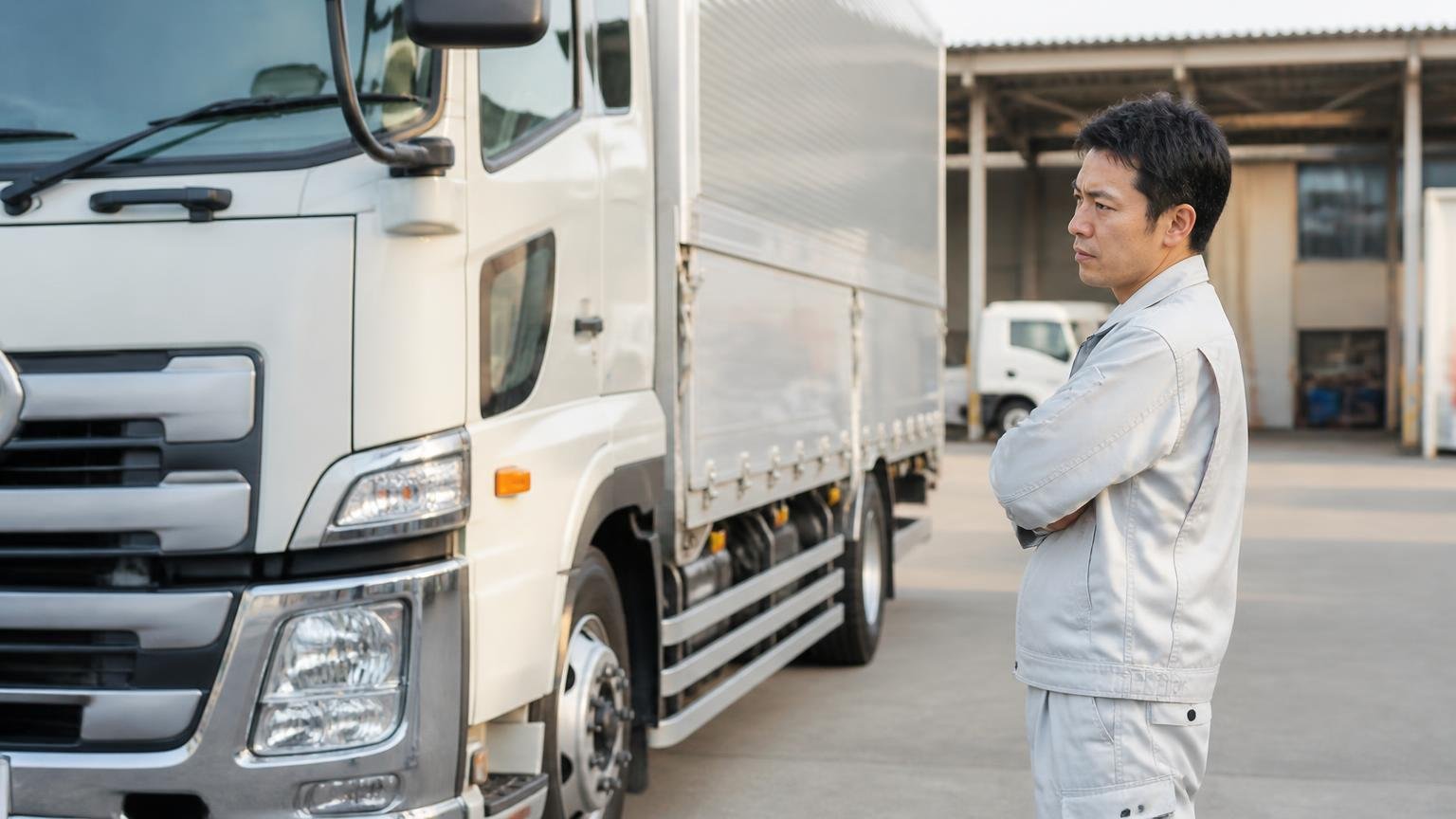 結論は条件付きのYES。営業所の車庫に停まった大型トラックの前で、作業着の男性1人が腕を組み真剣な表情で車体を見つめる