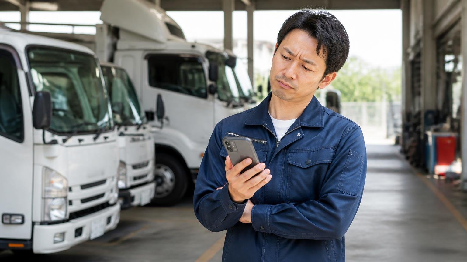 「故障が多い」と言う人の多くが体験していない　営業所の車庫でスマホを見る男性1人　首をかしげる