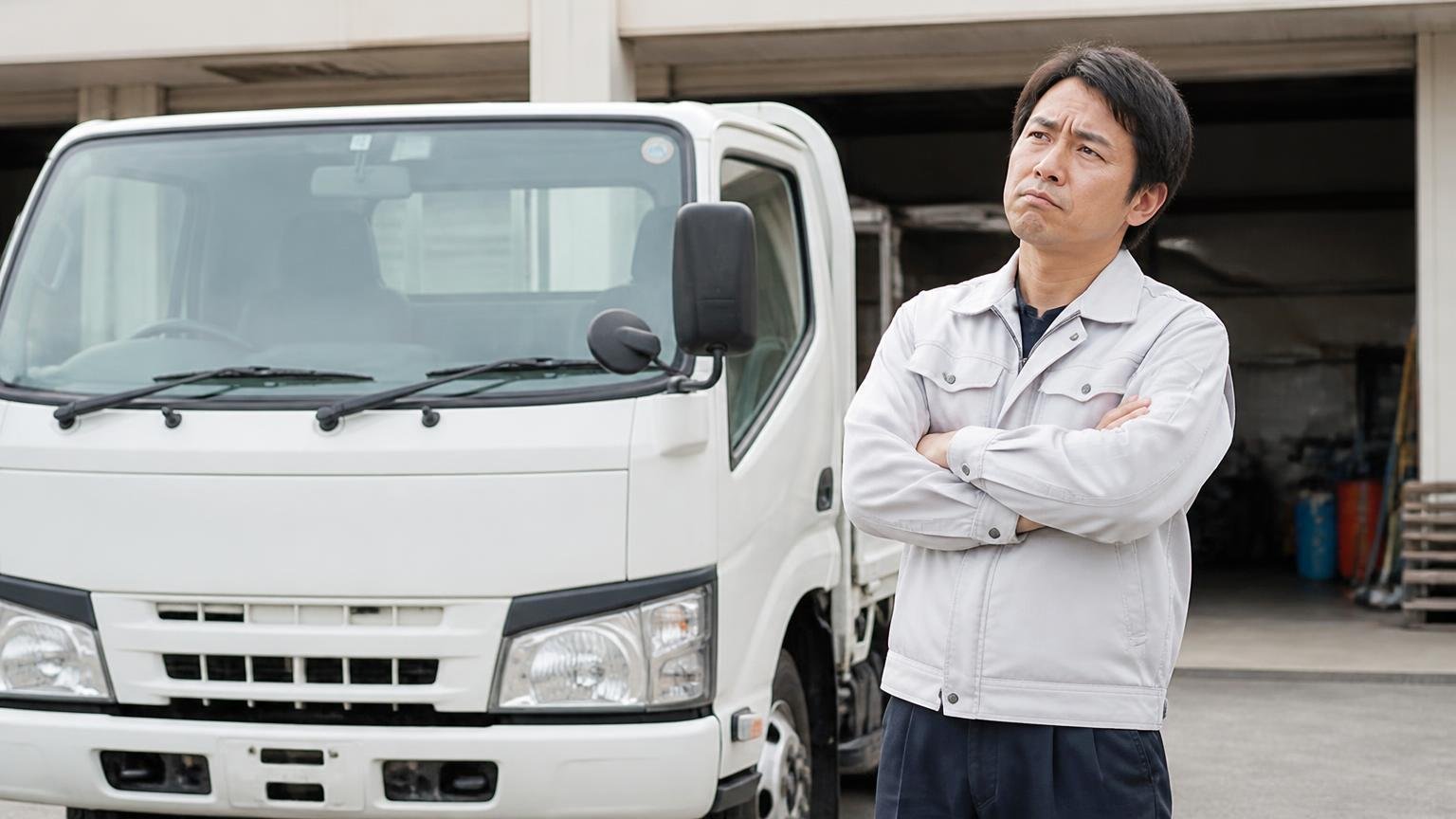 デュトロは故障が多い車ではない 営業所の車庫に停まった2tトラックの前 男性1人 腕を組んで考え込む