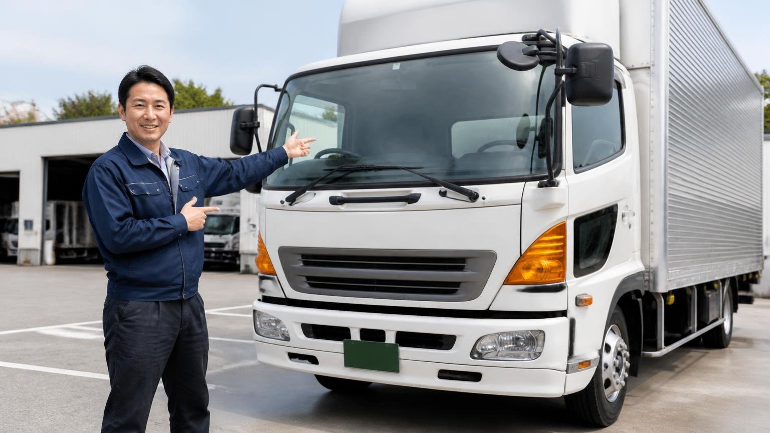 ランクスは何屋かの説明。営業所の車庫に停まった4tトラックの前で男性1人が車体を指差し説明する