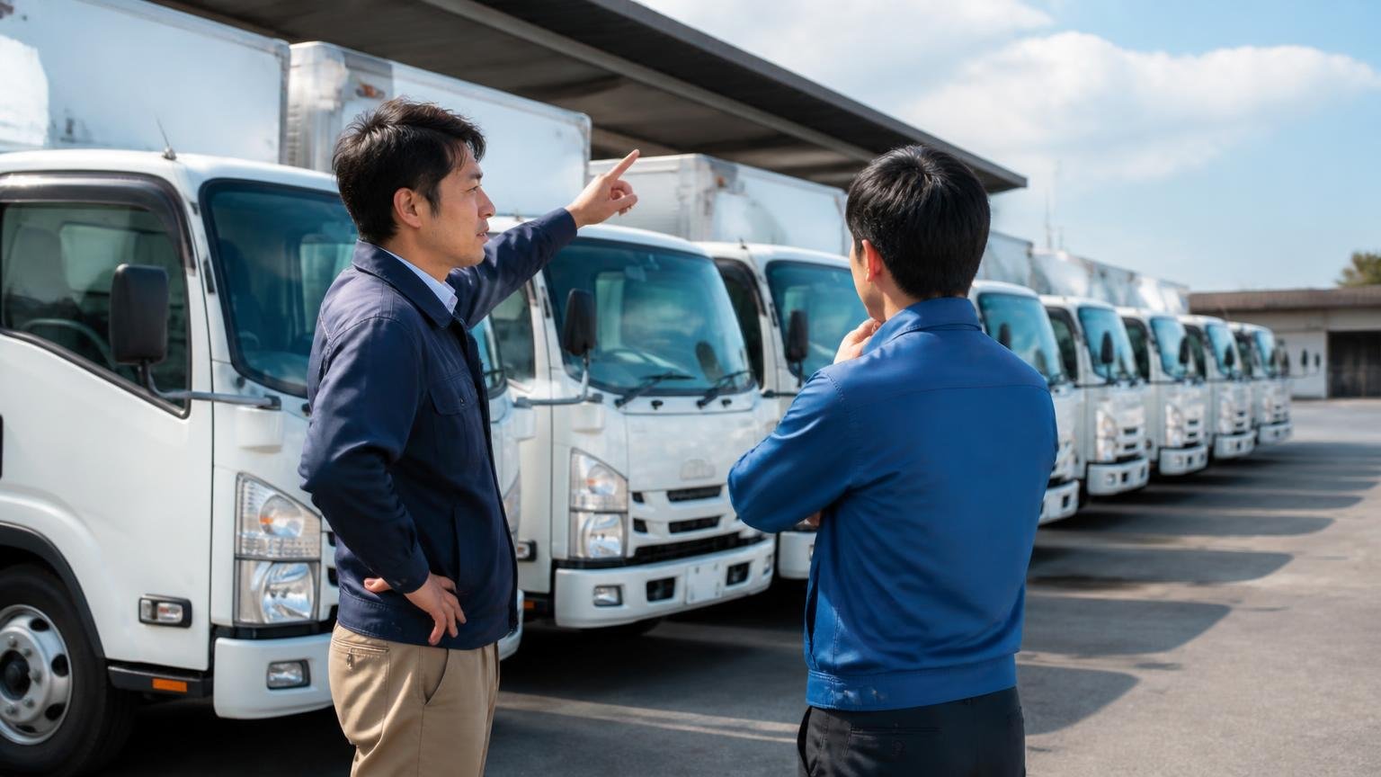 「故障が多い」と言われる理由は走っている台数の多さ 車庫に並ぶ2tトラックの前 男性2人が台数を数え話し込む