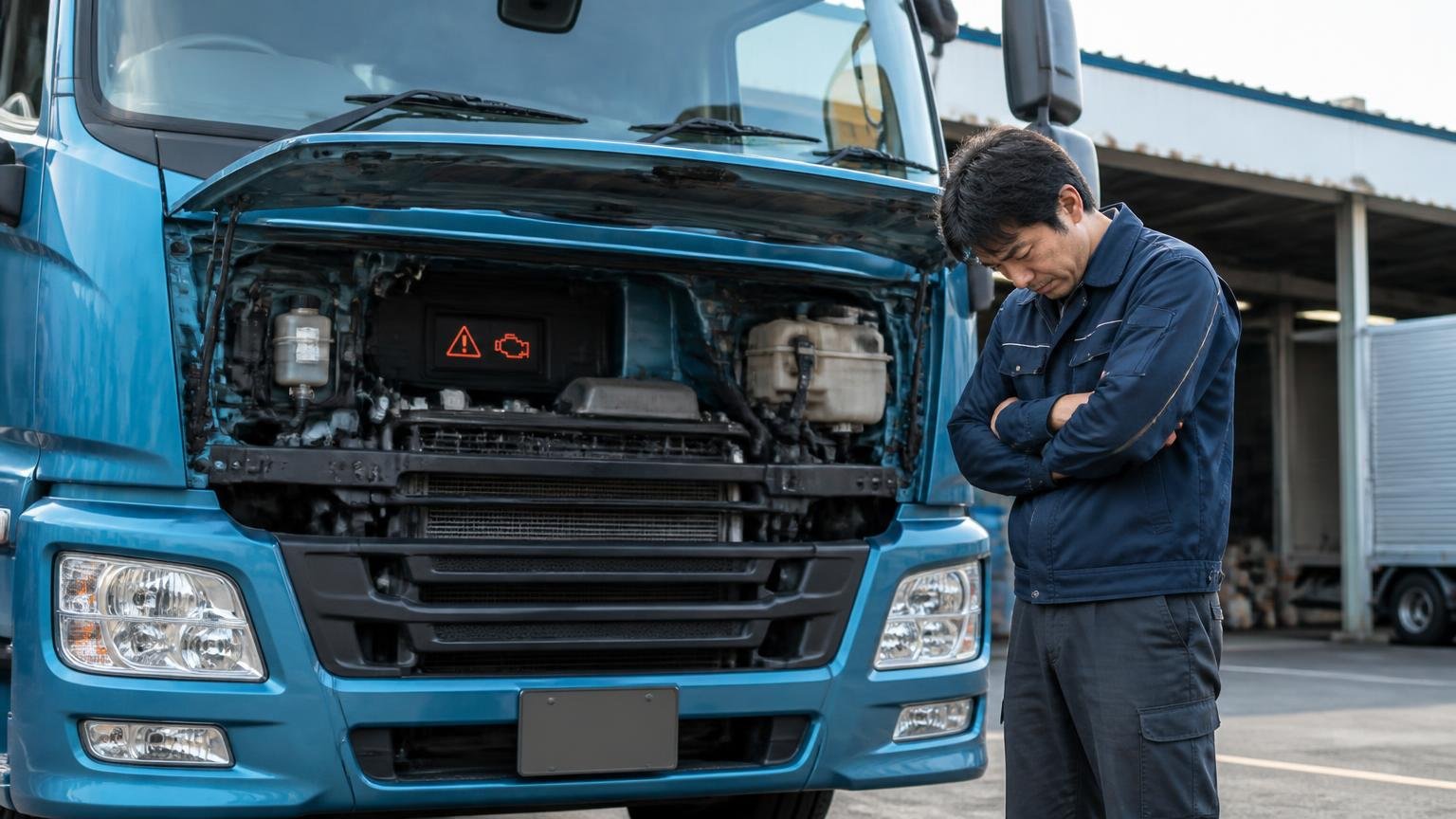 「多すぎる」という不満は作り話ではない。営業所の車庫に停まった大型トラックの前で、男性1人が警告灯の表示を見て肩を落とす