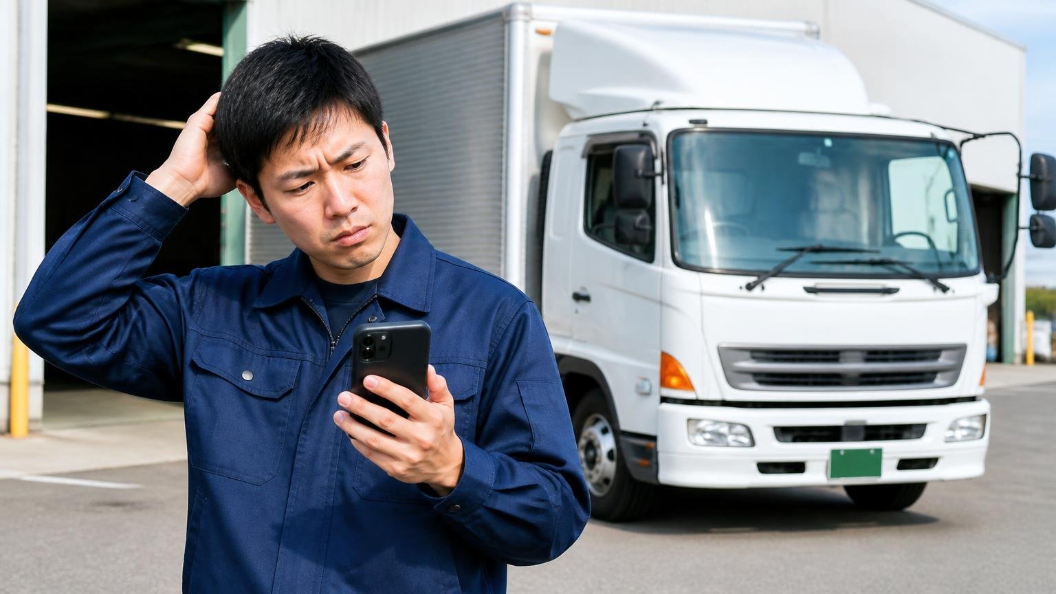口コミが少ないのは怪しいからではない理由。営業所の車庫に停まった4tトラックの前で、男性1人がスマホを見て首をかしげる