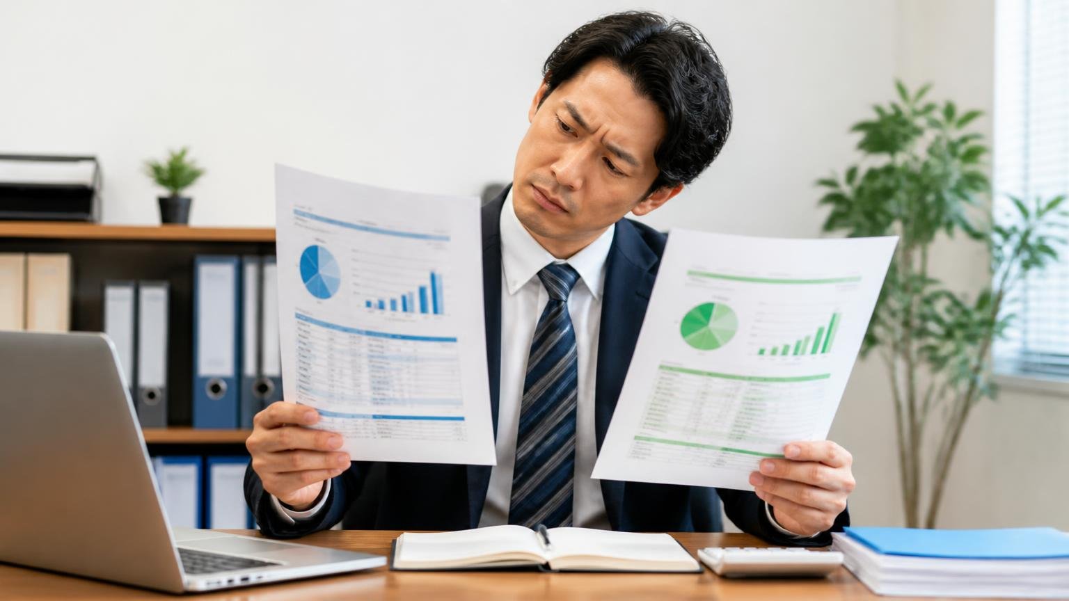 「トラック王国」とは別の会社です／事務所で2社の資料を見比べる場面／男性1人／首をかしげる